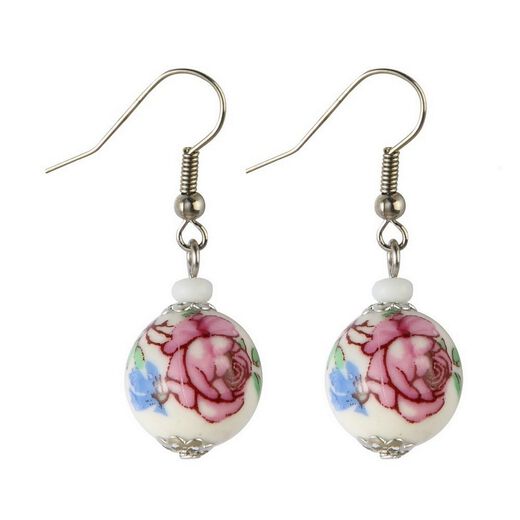 Pink flowers ceramic bead earrings